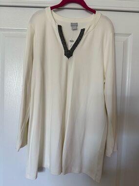 Chico’s  Ivory Tunic with Beaded V-Neck